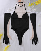 Plunging Nude Mesh Panel Bodysuit