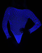 Luminous Blue Long Sleeve Fishnet Bodysuits
