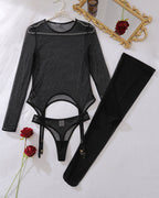 Long Sleeve Sheer Top Panty Set+Stockings