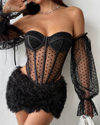 Long Sleeve Polka Dot Off-shoulder Corset
