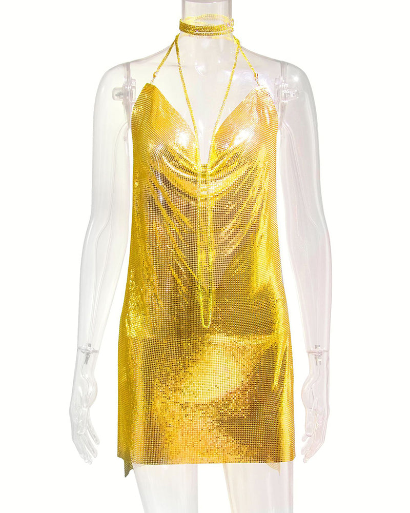 Backless Metallic Halter Dress