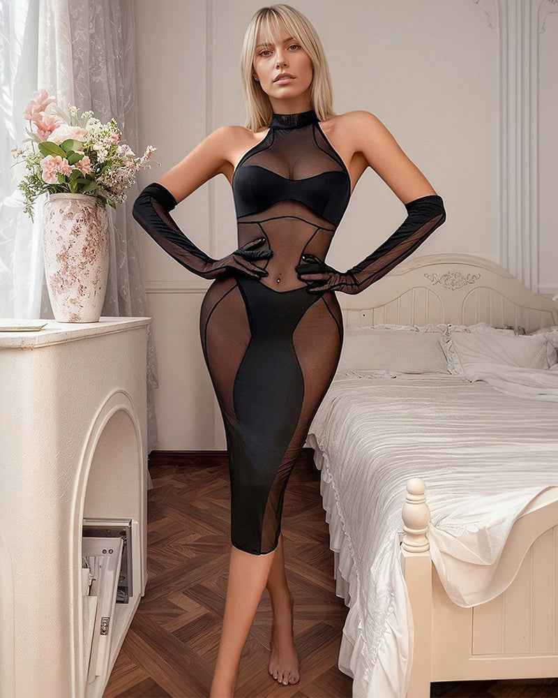 Sheer Mesh Dress with Gloves