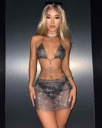 Rhinestone Halter Bra Chains Mini Skirt Set