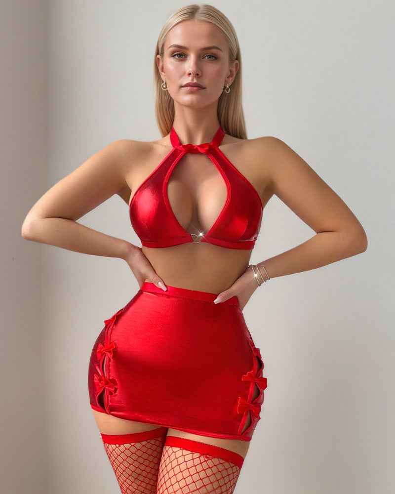 Cutout Halter Leather Skirt Set+Stockings