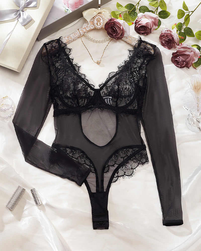 õŸ?Flash Sale-Long Sleeve Half Corset Bodysuit