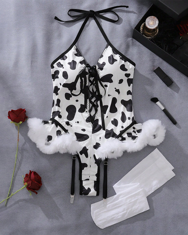 õŸ?Flash Sale-Lace Up Halter Bodysuit with Stockings