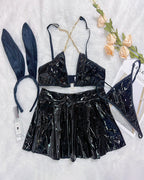 õŸ?Flash Sale-PU Leather Chain Bra Skirt Set+Headband