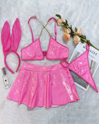 õŸ?Flash Sale-PU Leather Chain Bra Skirt Set+Headband