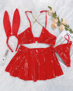 õŸ?Flash Sale-PU Leather Chain Bra Skirt Set+Headband