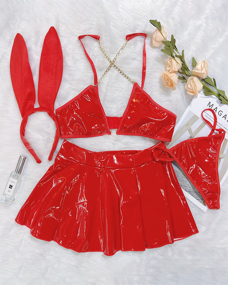 õŸ?Flash Sale-PU Leather Chain Bra Skirt Set+Headband