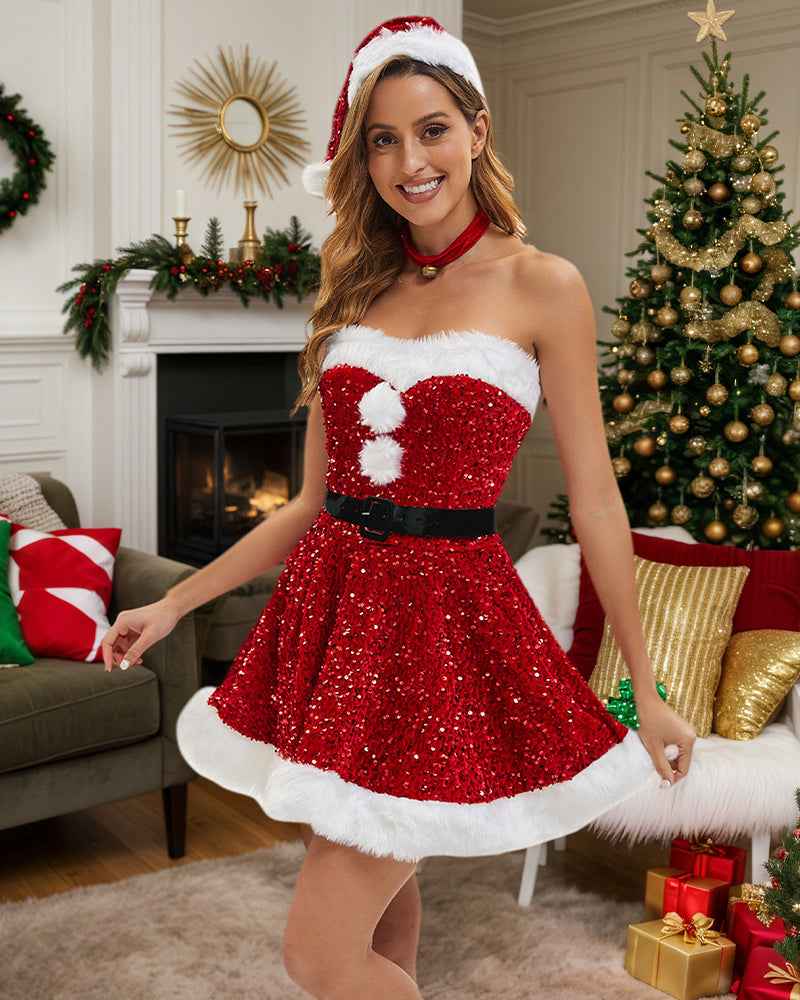 Santa Strapless Velvet Mini Dress with Hat