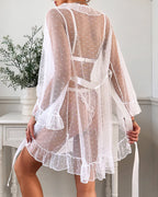 3 Piece Bra and Panties With Sheer Ruffled Robes