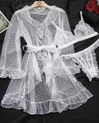 3 Piece Bra and Panties With Sheer Ruffled Robes