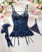 Hollow Lace-up Strap Panty Set+Stockings