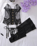 Embroidered Floral Lace-up Bra Set with Stockings