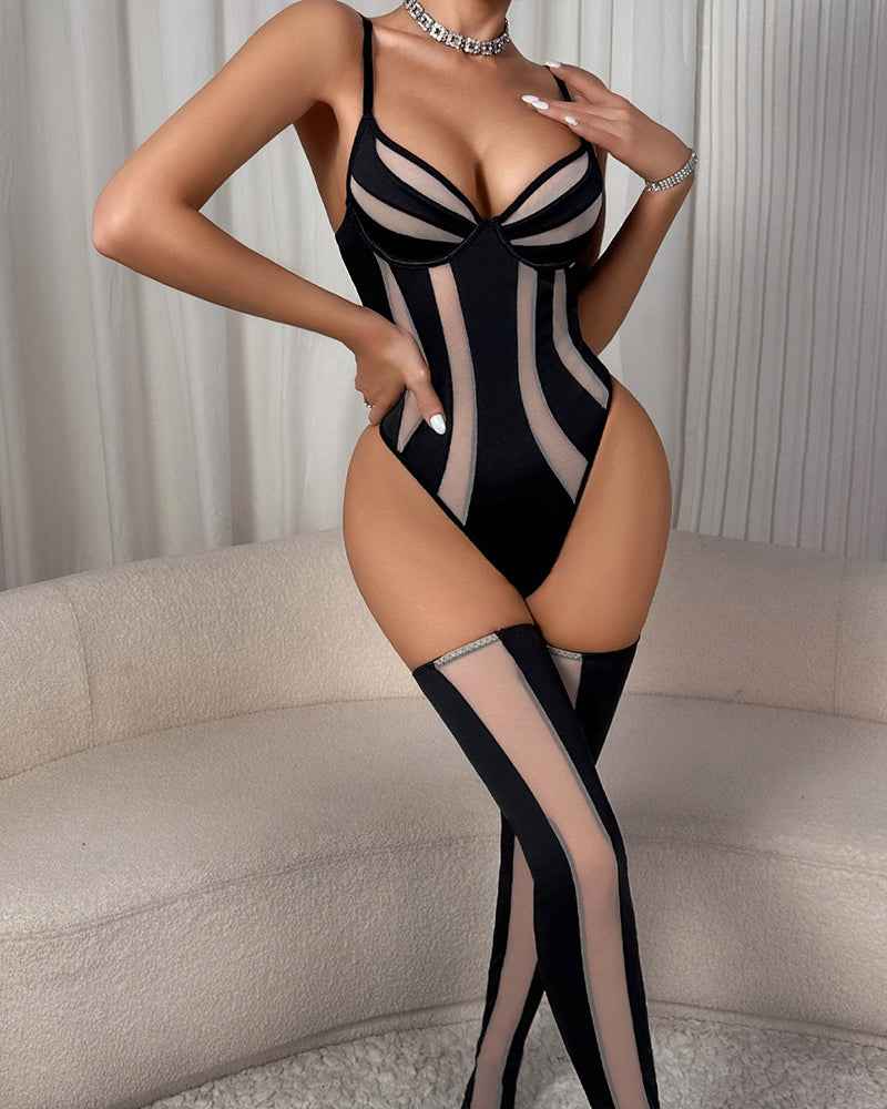 Striped Mesh Bodysuit with Stockings