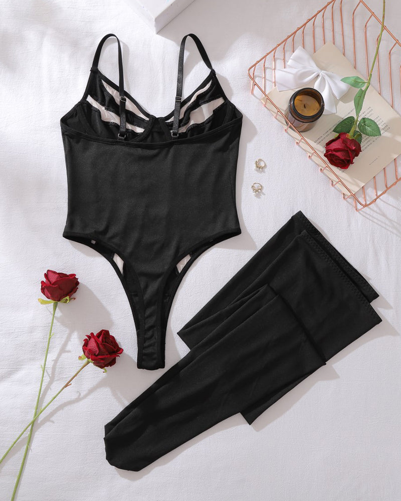 Striped Mesh Bodysuit with Stockings