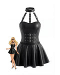 Leather Buckled Halter Bodysuit and Skirt 2-pcs Set