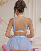 Flower Lace Sheer Bralaces Mesh Plaid Skirt Set