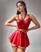 Leather FishNet Lace Up Bra Skirt Set