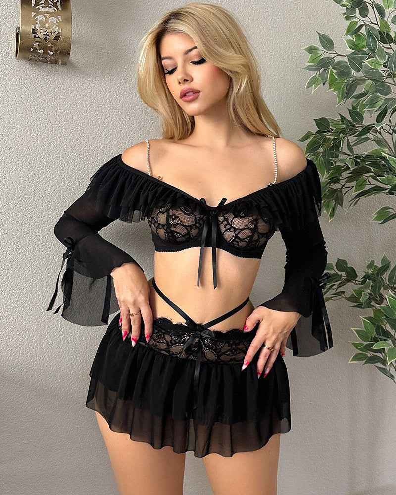Mesh Contrast Lace Crop Top, Mini Skirts with Thong
