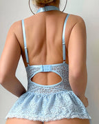Floral Lace Garter Babydoll Mini Dress with Stocking