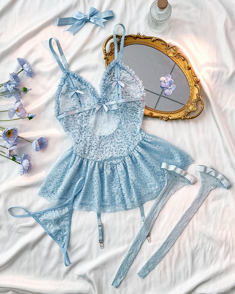 Floral Lace Garter Babydoll Mini Dress with Stocking