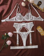 Sheer Embroidered Floral Lingerie Set with Garter Belt