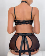 Leopard Lace Lingerie Set with Chain Choker
