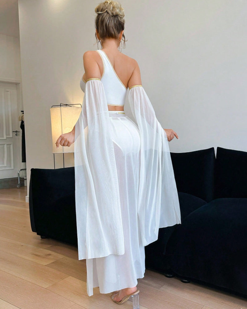 Asymmetrical Crop Top and Mesh Maxi Slit Skirt Set
