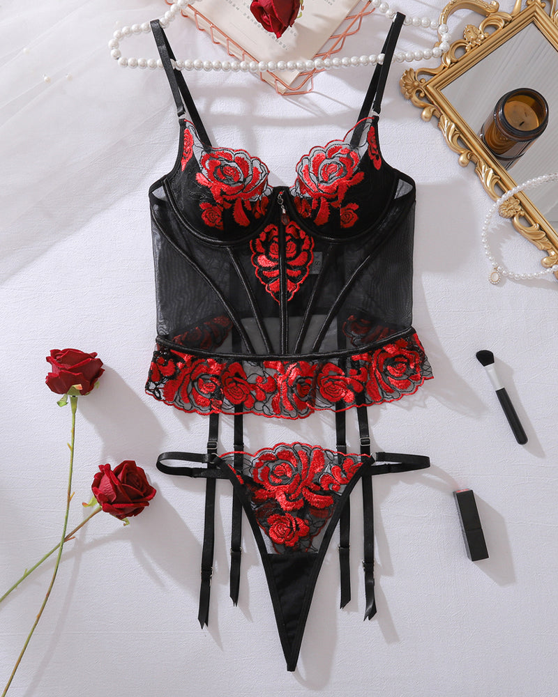 Embroidered Red Rose Lace Corset Lingerie Set