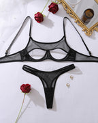 Black Mesh Open-Cup Garter Lingerie Set