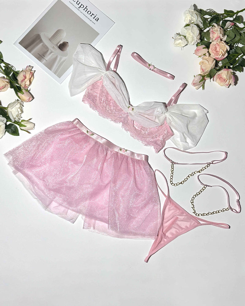 Tulle Off-Shoulder Sweet Lingerie Set