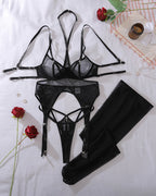 Sheer Mesh Cross-Strap Bodysuit with Stockings