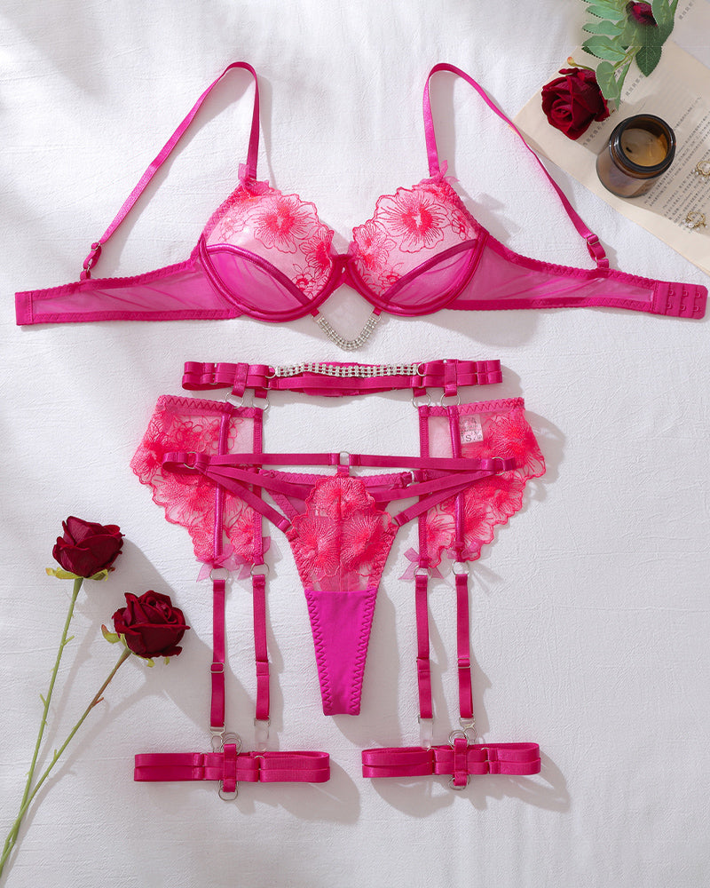 Pink Floral Lace Harness Lingerie Set