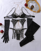 Mesh Embroidery Chain Lingerie Set with Socks+Gloves