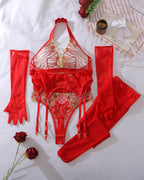 Red Sheer Mesh Butterfly Bodysuit Set