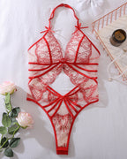 Red Romantic Heart Lace Halter Bodysuit