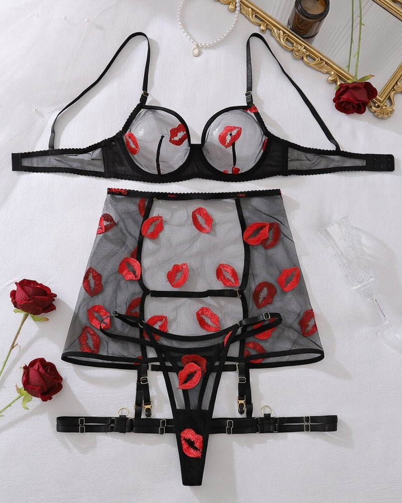 Red Kiss Lip Lace Playful Lingerie Set