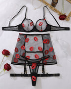 Red Kiss Lip Lace Playful Lingerie Set