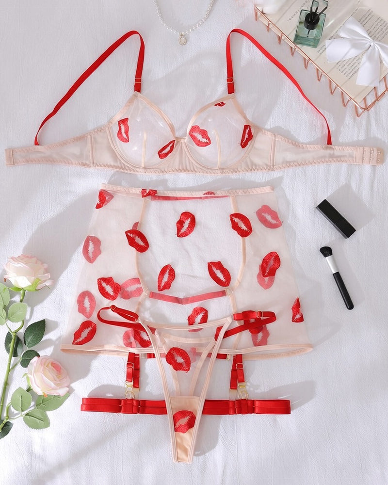 Red Kiss Lip Lace Playful Lingerie Set