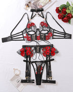 Black & Red Romantic Floral Lace Lingerie Set