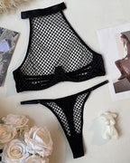 Fishnet Halter Sheer Mesh Bra & Thong Set