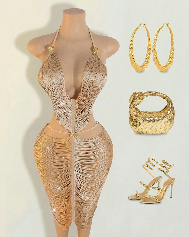 Fringe Halter Midi Dress Cut-Out Tassel Bodycon