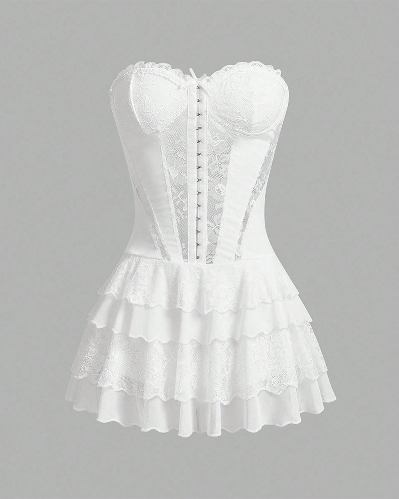 Elegant White Lace Corset Tutu Dress with Detachable Straps