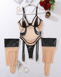Mesh & PU Leather Spliced Bodysuit with Stockings