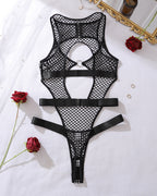 Fishnet Halter Zip Bodysuit with O-Ring Cutout