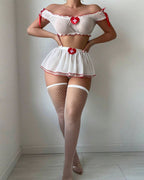Fantasy Set ¡§C Off-Shoulder Mesh Crop Top Mini Skirt with Stockings