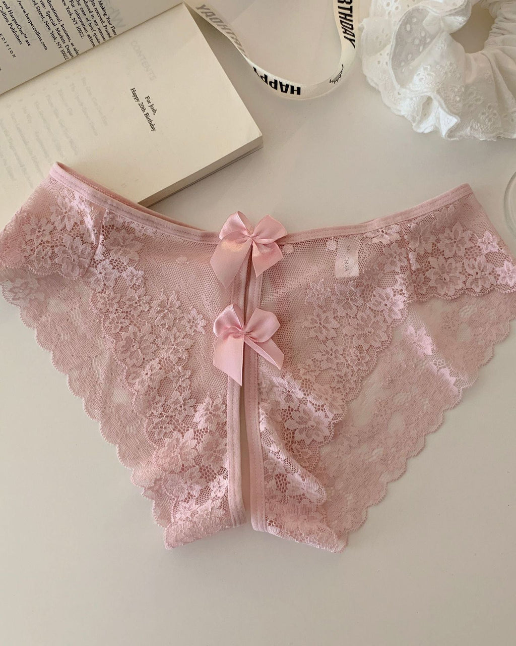 Scalloped Sheer Floral Lace Bow-Back Panties