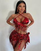 Iridescent Sequin Fringe Halter Crop Top Skirt Set